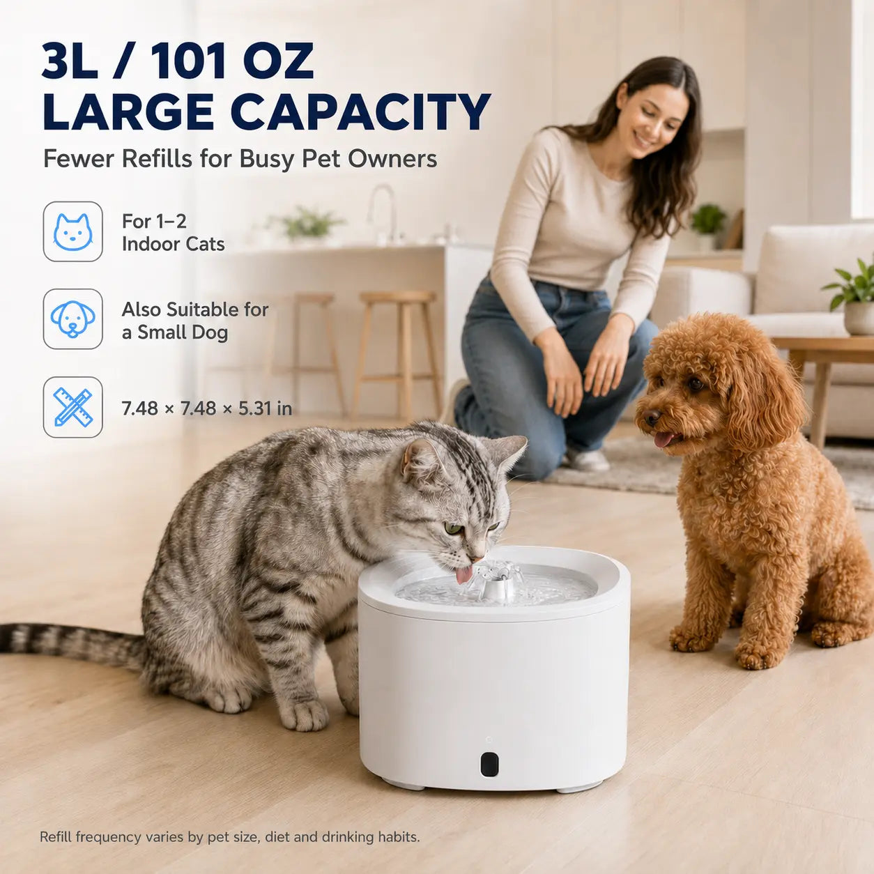 Fluffino Indoor Cat Water Fountain - 3L Upgraded Water Capacity (101Oz), Ultra Quiet USB Pump Power Supply, Continuous Flow, Easy Maintenance, White Single Unit