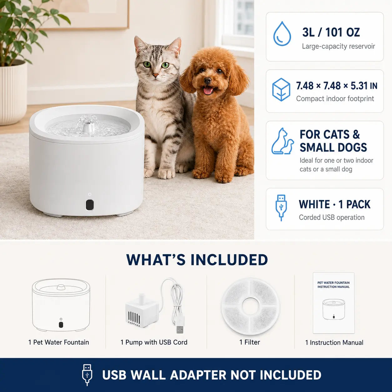 Fluffino Indoor Cat Water Fountain - 3L Upgraded Water Capacity (101Oz), Ultra Quiet USB Pump Power Supply, Continuous Flow, Easy Maintenance, White Single Unit