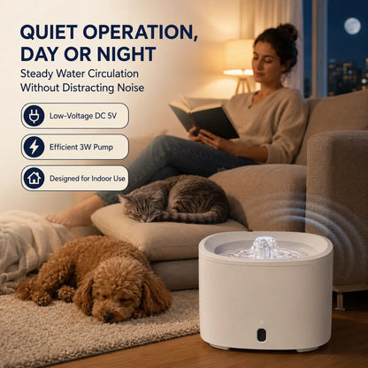 Fluffino Indoor Cat Water Fountain - 3L Upgraded Water Capacity (101Oz), Ultra Quiet USB Pump Power Supply, Continuous Flow, Easy Maintenance, White Single Unit